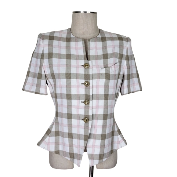 Le Suit Petite Skirt Suit Size 12P Tan Pink White Check Short Sleeve Blazer - Picture 3 of 10